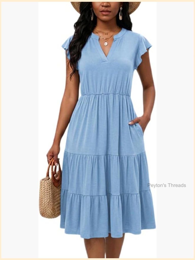 Ruffle Sleeve V Neck Midi Dress Flowy Tiered Boho Beach Casual